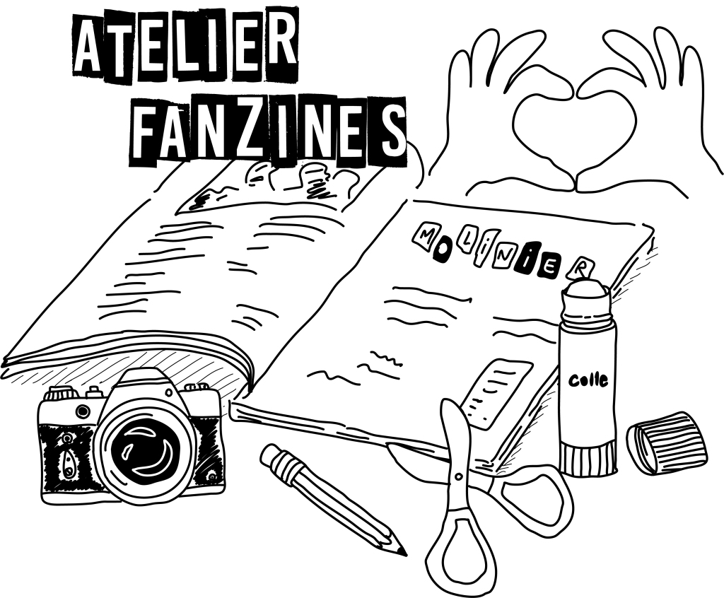 Dessin en noir et blanc avec un livret fait maison au centre, de la colle, des ciseaux, des crayons, un appareil photo et des mains qui forment un coeur. Par dessus l'image est écrit "Atelier fanzines".
